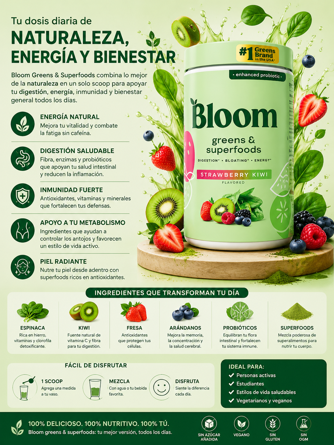 BLOOM Greens & Superfoods – Jugo Verde Sabor Fresa Kiwi