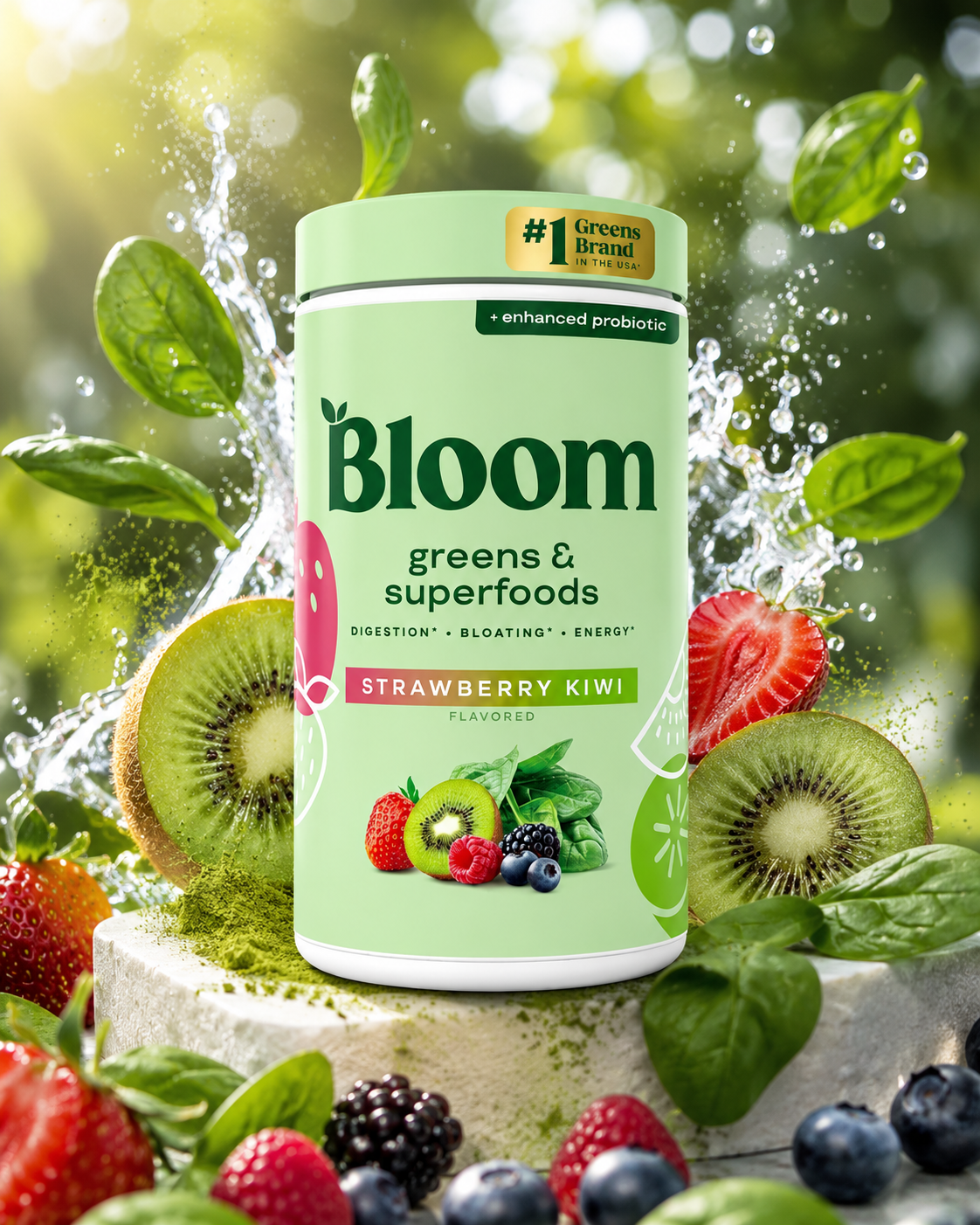 BLOOM Greens & Superfoods – Jugo Verde Sabor Fresa Kiwi